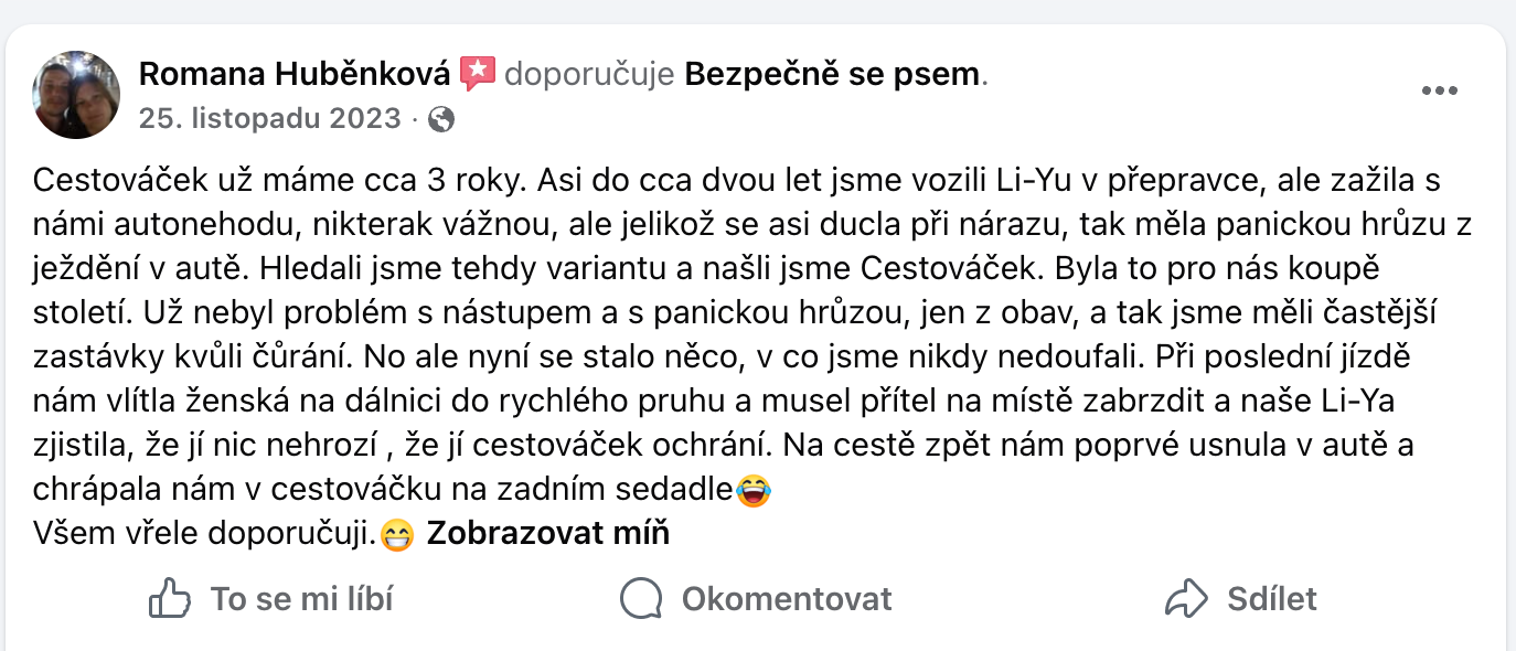 Recenze na Facebooku: po autonehodě měla fenka hrůzu z jízdy, s CestoVáčkem se uklidnila a při prudkém brzdění na dálnici byla v bezpečí