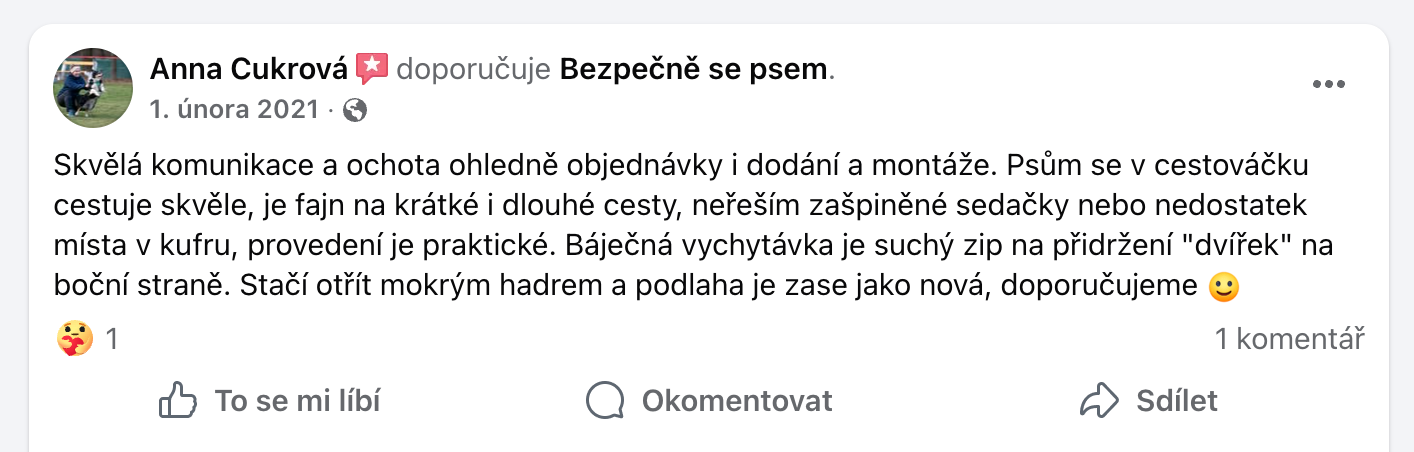 Recenze na Facebooku: skvělá komunikace, čisté sedačky, praktický suchý zip na dvířkách