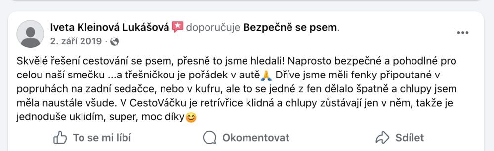 Recenze na Facebooku: dřív pes v kufru a popruzích, chlupy všude, teď klid a čisté auto