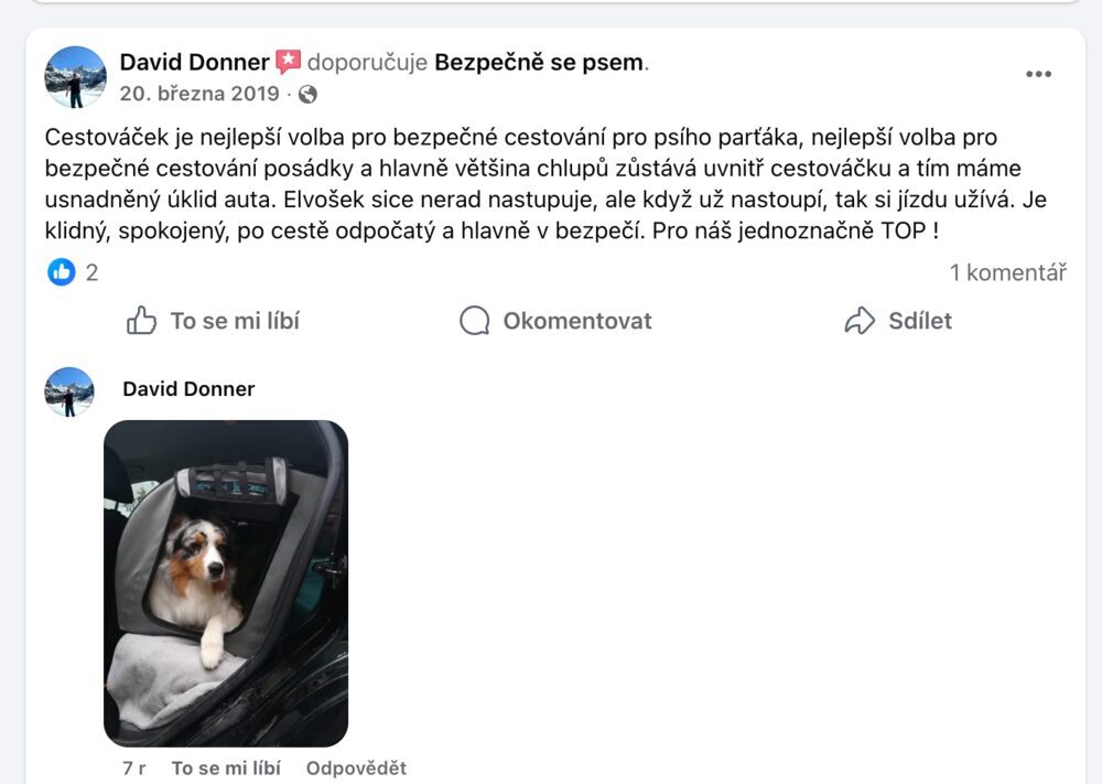 Recenze na Facebooku s fotkou australského ovčáka Elvoška v CestoVáčku