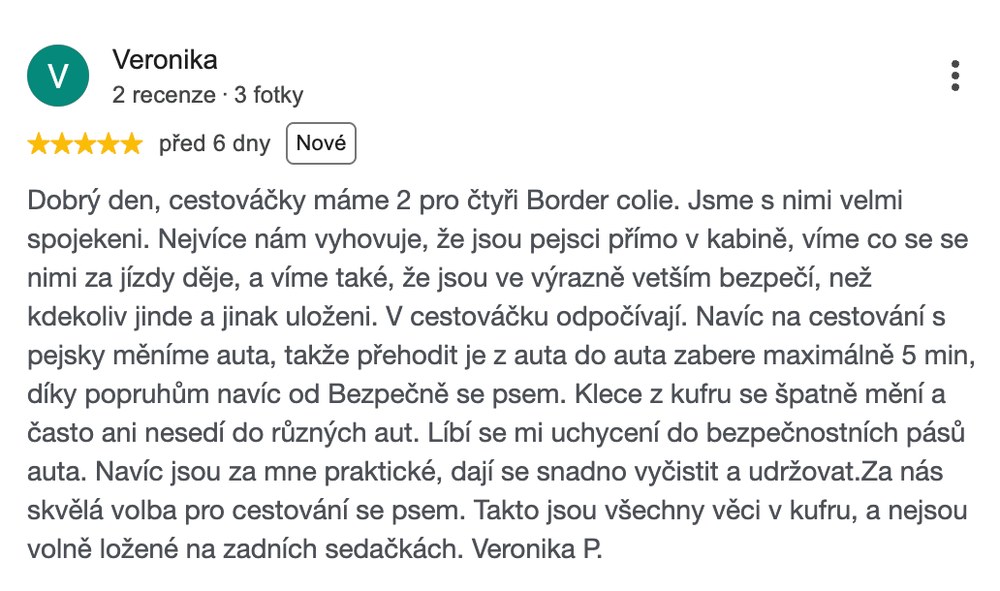 Recenze na Googlu: dva CestoVáčky pro čtyři border kolie, přehození z auta do auta zabere pět minut
